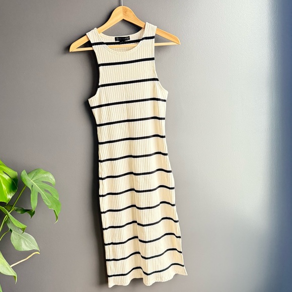 Sanctuary Women White and Black Ribbed Bodycon Fitted Midi Dress Size Small - Picture 1 of 5